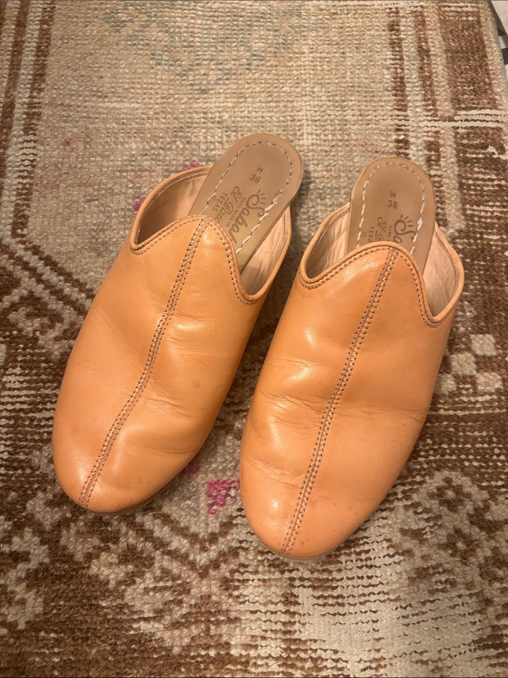 Sabah El Paso Babas Handmade Leather Silde On Mules Undyed Veg Tan Size 7.5